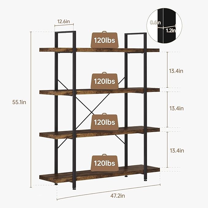 OtterOasis Heavy Duty 4-Tier Industrial Bookcase, 120lbs Shelf Capacity