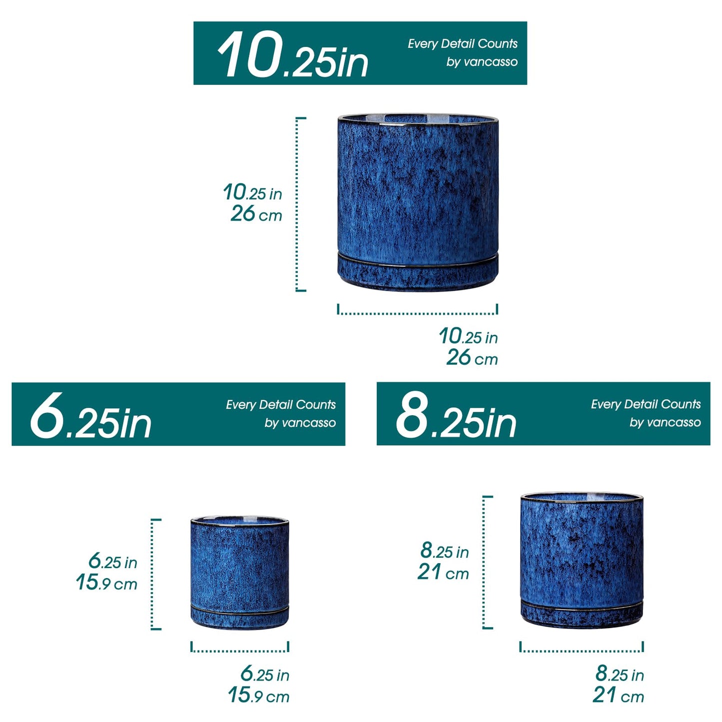 vancasso Ceramic Planters, Plant Pots for Indoor Plants, 6.25+8.25+10.25 Inch Ceramic Pots for Plants, Flower Pots with Drainage Holes (Blue, 6.25+8.25+10.25 Inch)