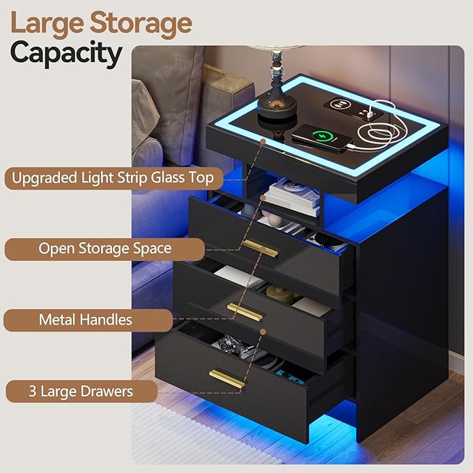 Black Night Stand with Wireless Charging Station, Smart Bedside Table with 3