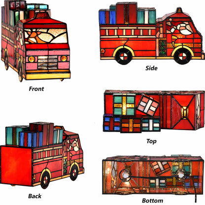 Bieye L12009 Tiffany Style Stained Glass Christmas Fire Truck Table Lamp with Santa, Reindeer, and Gifts, Handmade Holiday Decoration, 12" Wide