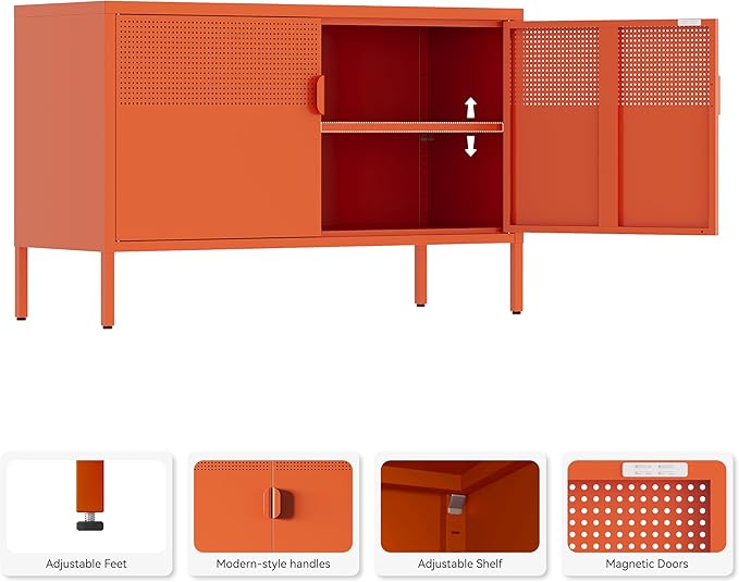 Orange Metal Storage Cabinet, 2 Door TV Stand, Metal Mesh Accent Cabinet