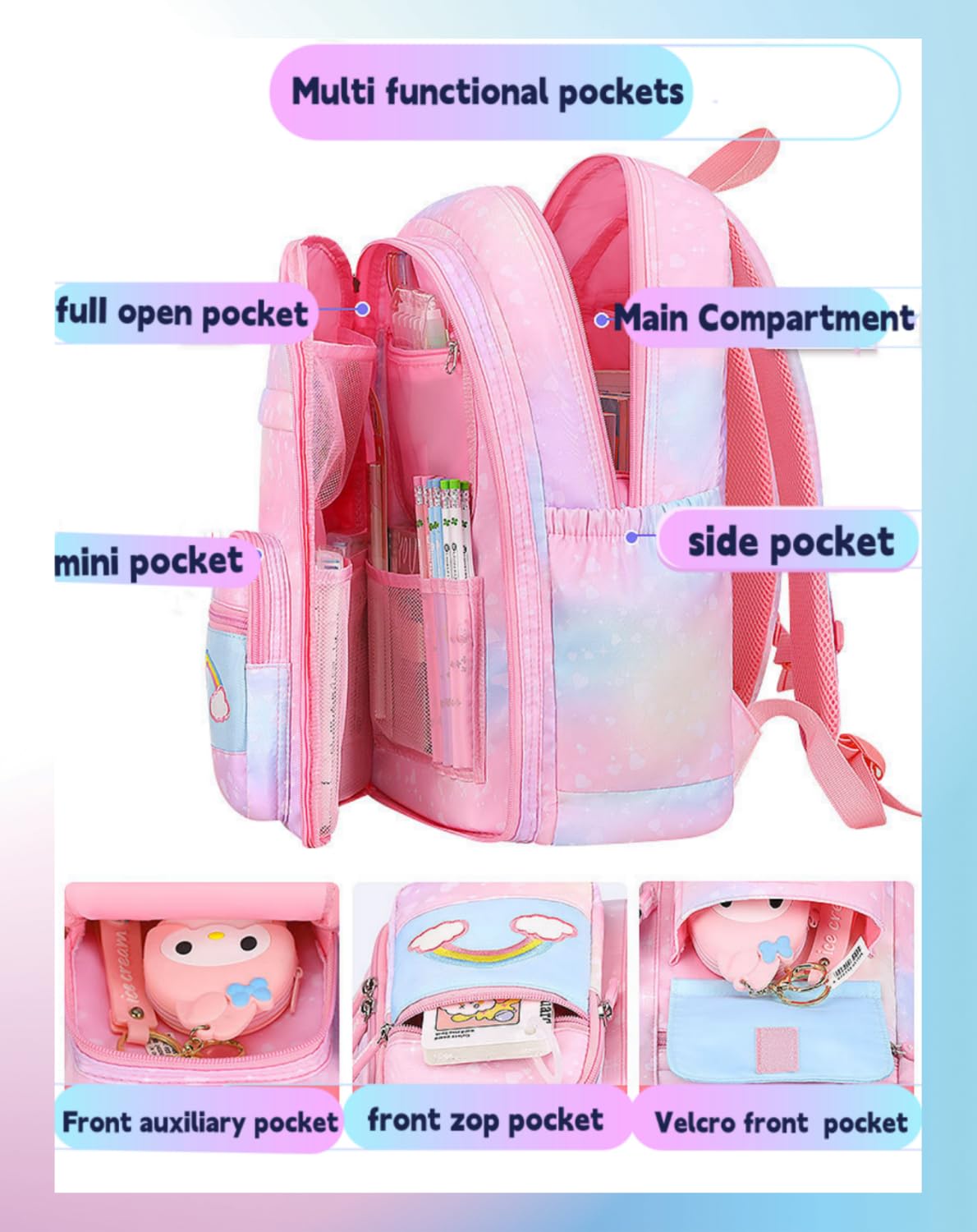kistou Girls Backpack, School Backpacks Rainbow Student Backpa,Kawaii Kids Backpack,Book Bag for Elementary Primary School