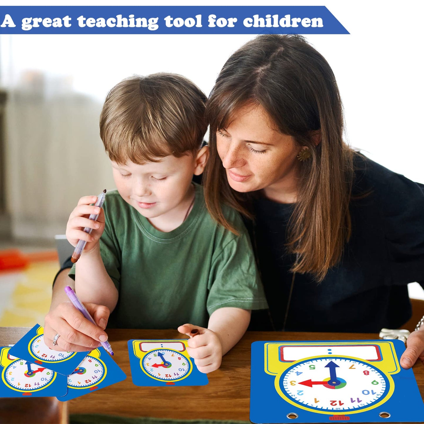 Junkin 25 Pcs Teaching Clock Kit, Learning Clocks for Kids Learning Time with Erasable Surface for Home School Classroom Supplies(Cute Style)