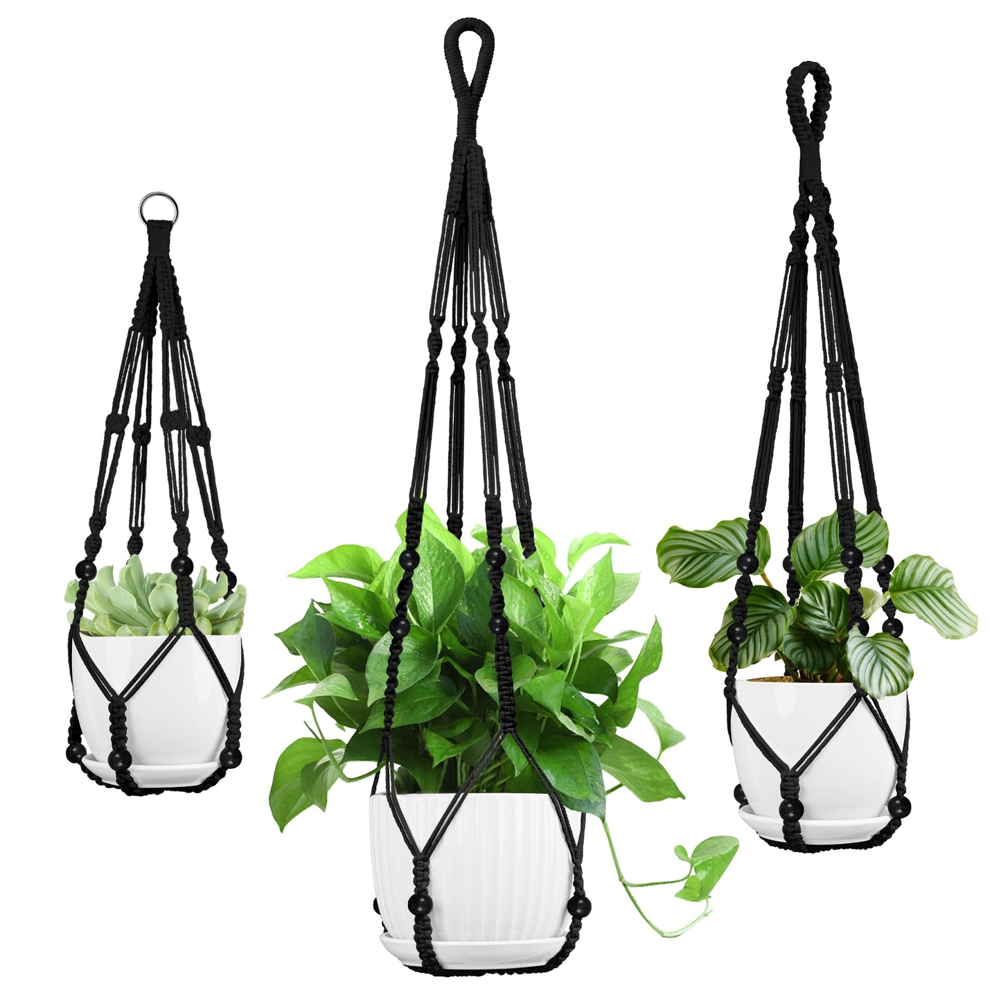 IDEEEPAN Macrame Plant Hanger - Fits 4 to 13 inches Pots for Indoor Outdoor, 35"/29"/23" Different Sizes Set, Black (POTS NOT Included)