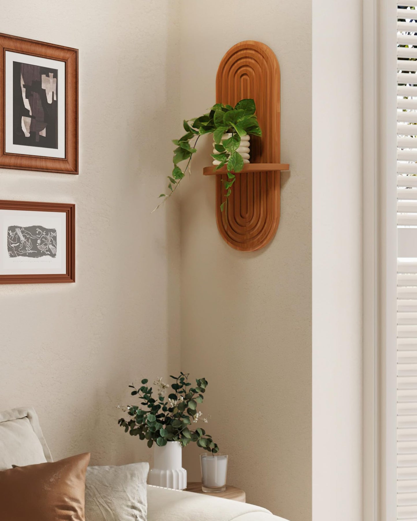 Bamworld Boho Wall Decor Brown Plant Wall Shelf, Mid Century Modern Decor Hanging Plant Shelf, 1-Tier Bamboo Floating Shelves for Home Bathroom Bedroom Living Room Holding Planter Decoration Brown