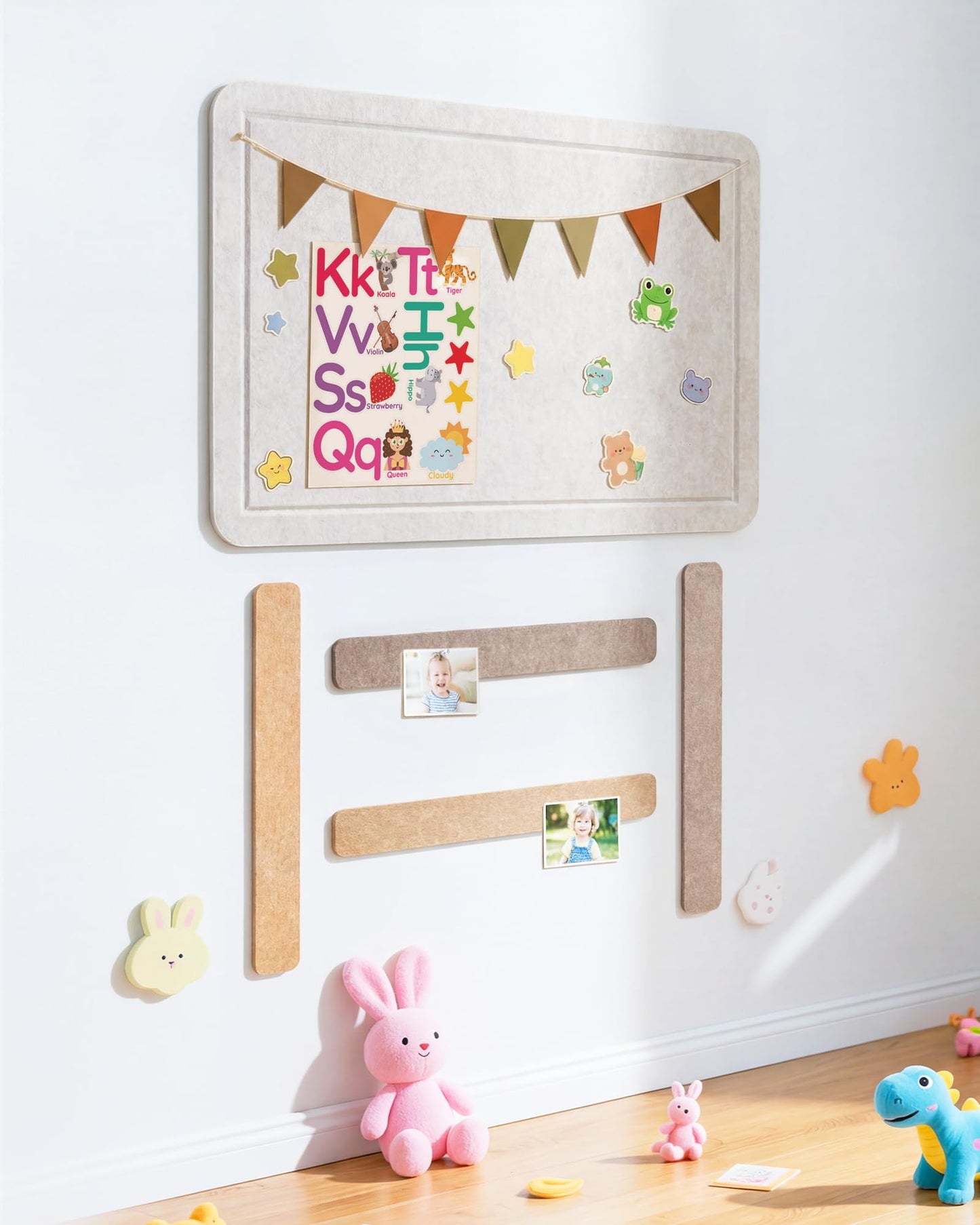 Small Felt Bulletin Board and 4 pcs Bar Strips Set, 24"X16" Cork Board Alternative with Removable Adhesive Tabs, 30 Push Pins for Office, Classroom, Bedroom, Walls Decorations - Oatmeal