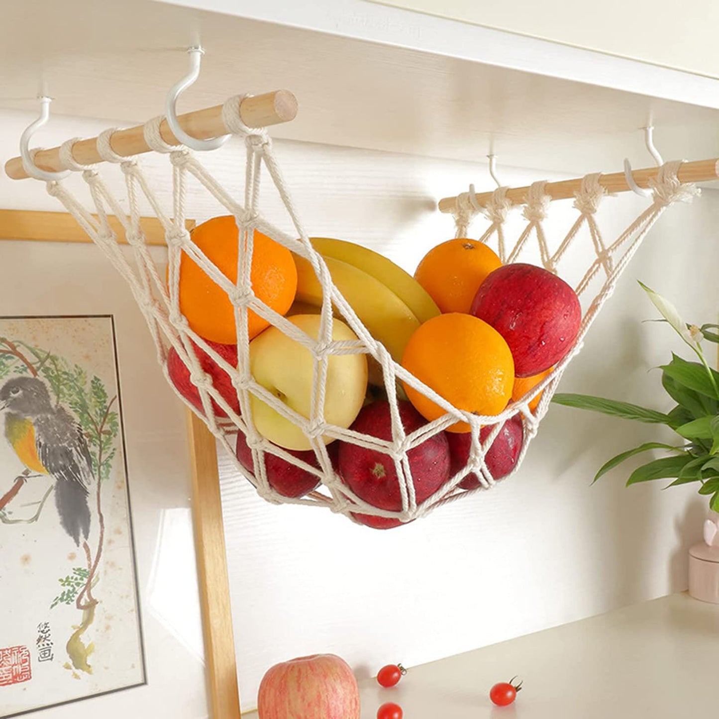 Motarna Hanging Fruit Hammock with Hooks, Hanging Fruit Basket Under the Kitchen Cabinet for Storing Banana Fruits, Hand-Woven Hanging Basket, Valentine's Gifts for Kitchen Décor, Rectangle