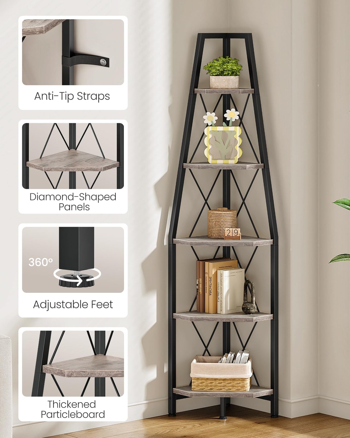 CHOEZON 5-Tier Corner Shelf, Corner Bookshelf, Ladder Shelf, Floor Standing Storage Rack, Open Display Stand, Plant Stand, for Living Room, Bedroom, Study, Bathroom, Greige and Black TCJ22BG
