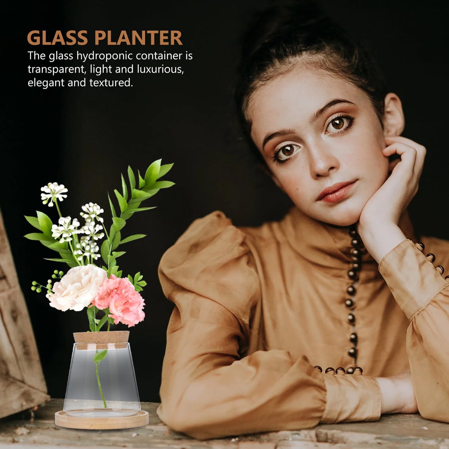 Beaupretty Hydroponic Glass Vase with Wooden Stand, 1-Set Ecological Bottle for Plant Propagation, Home and Office Gardening Terrarium Planter