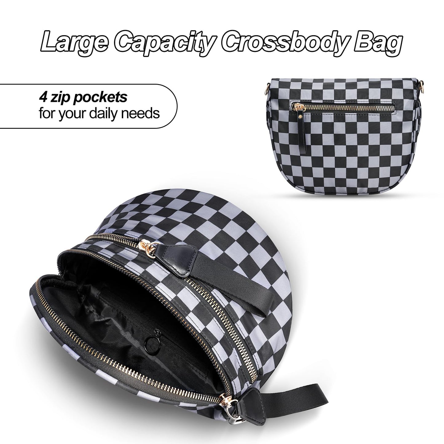 Checkered Crossbody Bag,Nylon Bum Bags for Women Crossbody,Spacious Sling Bag Purse Fanny Packs with Shoulder Strap