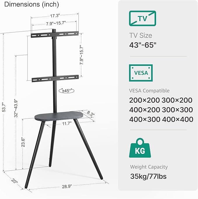 Tripod Easel TV Stand for 43–65 Inch TVs, Height Adjustable Swivel Floor TV