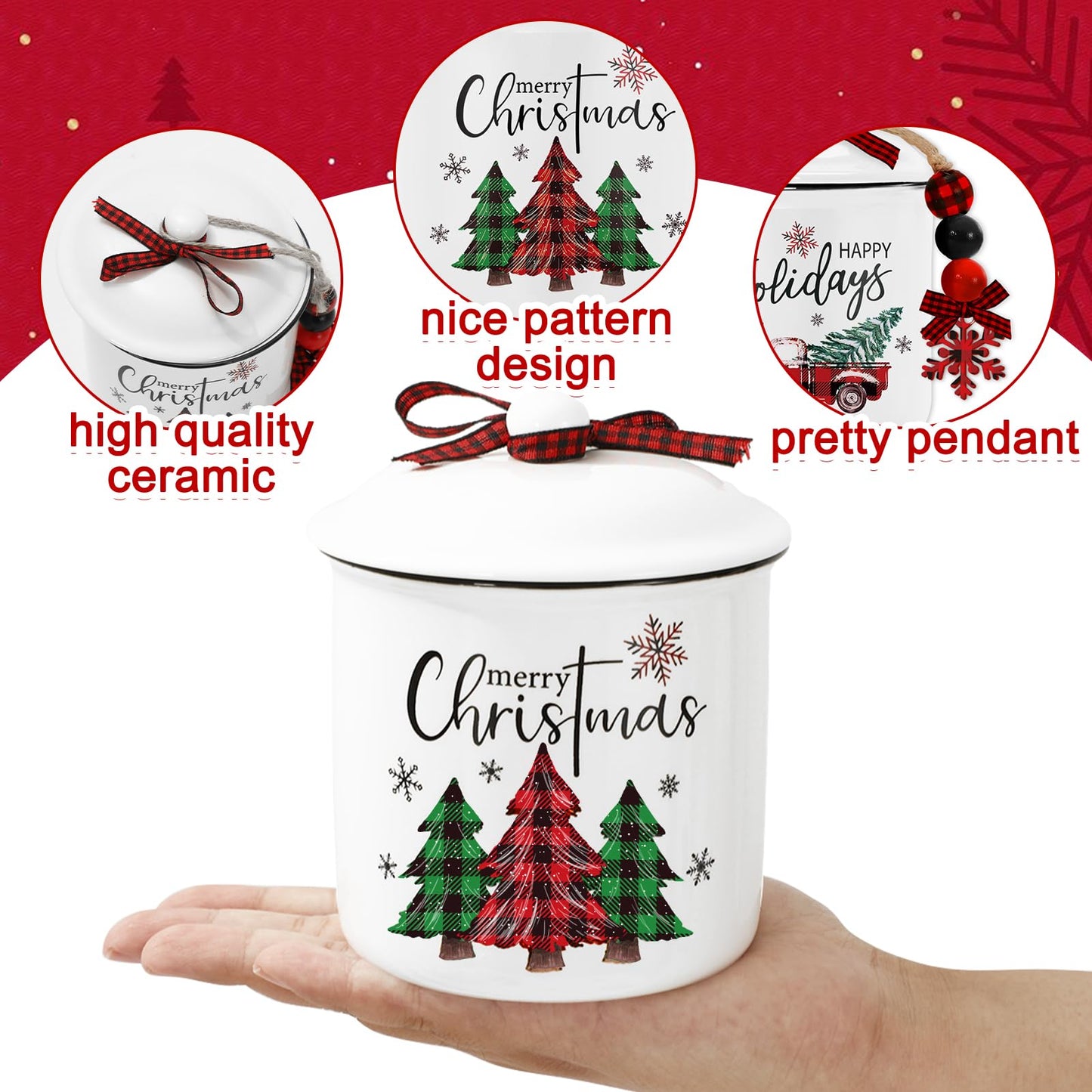 Whaline 2Pcs Christmas Mini Ceramic Canister Red Green Plaid Xmas Tree Truck Snowflake Mini Jar Holiday Candy Holder with Lid Bow for Xmas Winter Home Decor Storage Accessory