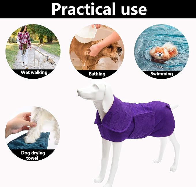 Geyecete Dog Drying Coat - Fast Drying Dog Bath Robe Towel - Microfibre Super Absorbent, Luxuriously Soft - Purple - XXXL