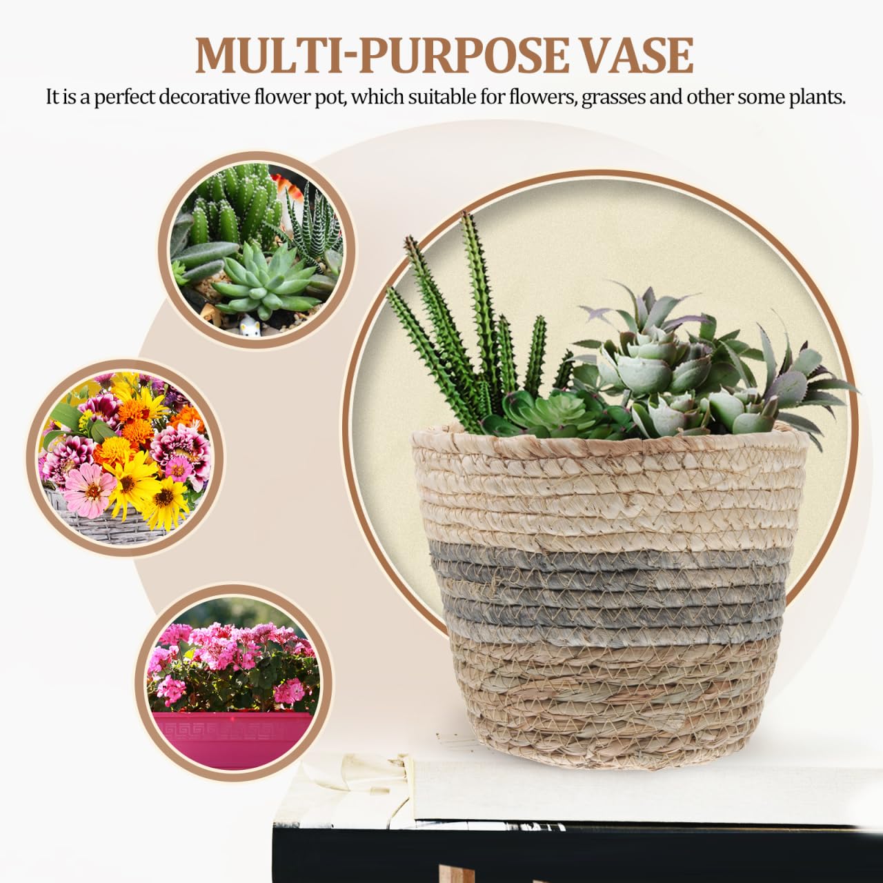 Healeved 2PCS Seagrass Plant Basket with Liner for Indoor Plants Rattan Pots 6inch Weaving Straw Planter Baskets Wicker Small Rustic Decorative Flower Pots for Desktop