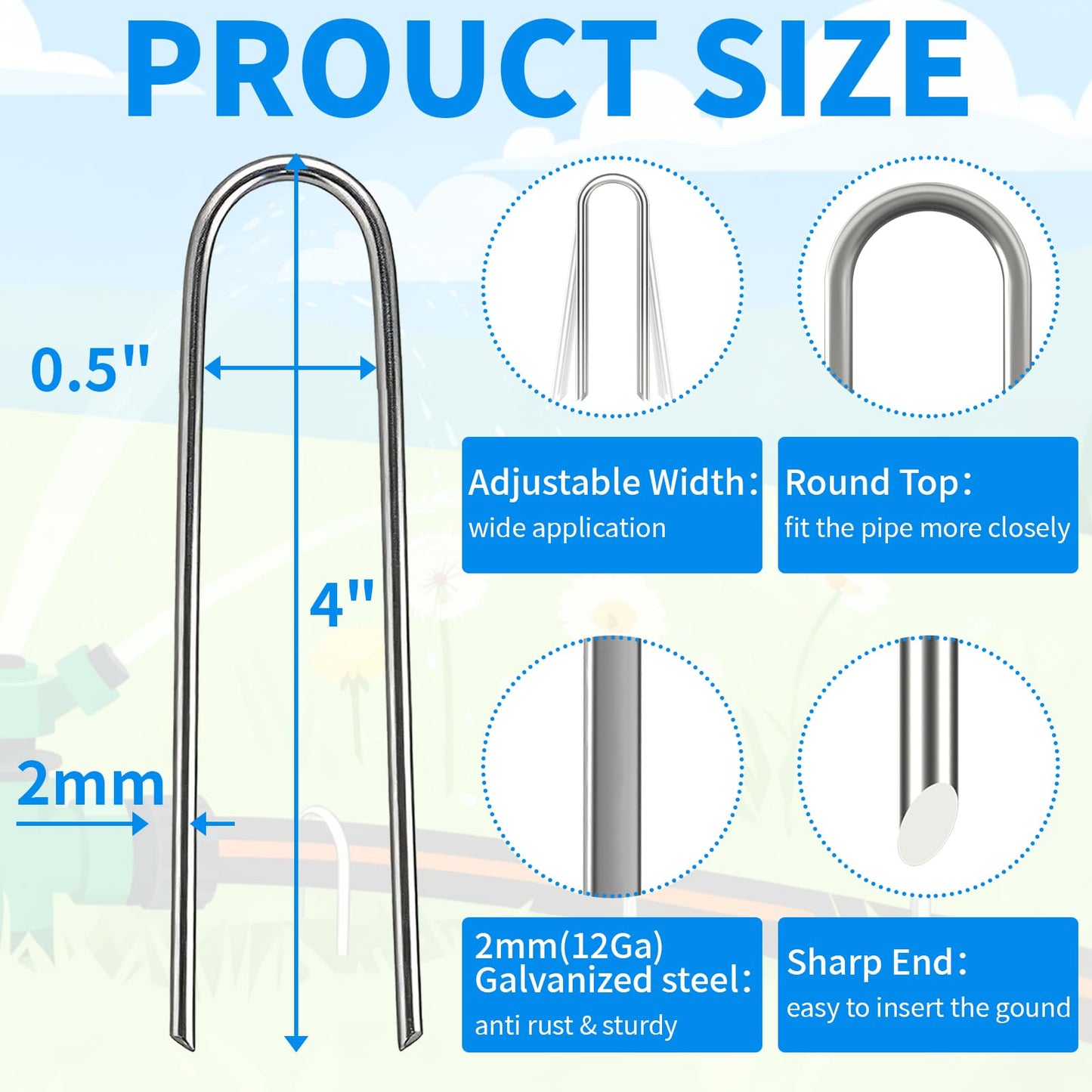 MySit 80 Pack 4 Inch Garden Stakes, Galvanized Drip Irrigation Stakes U Shaped Landscape Staples Ground Stakes for 1/8" to 1/2" Soaker Hose,Irrigation Tubing, Garden Hose, Weed Barrier