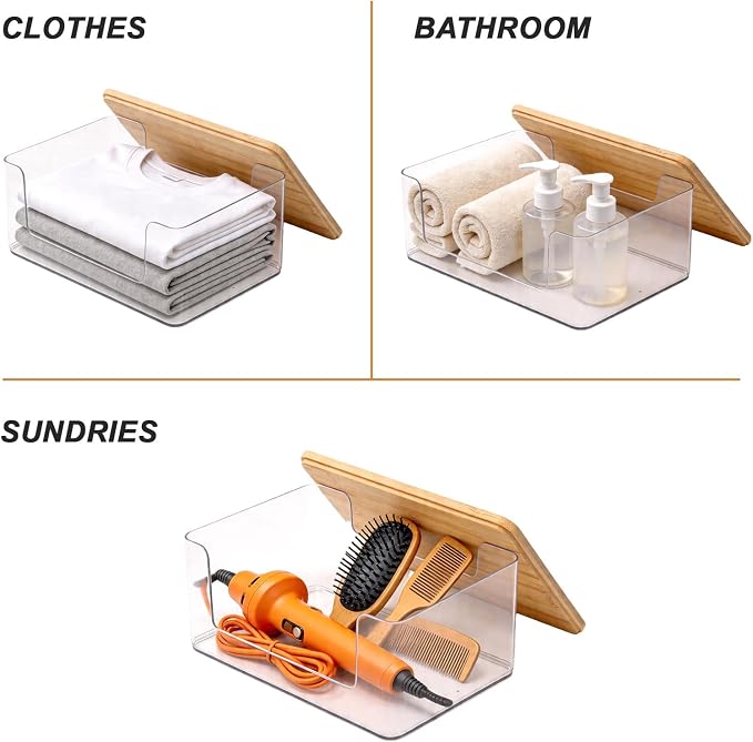 2 Pack Trash Bag Holder, Stackable Garbage Bag Dispenser with Lid | Clear Plastic Organizer with Bamboo Lid, Space-Saving Under Sink Storage for Kitchen, Laundry Room, Pantry & Cabinet