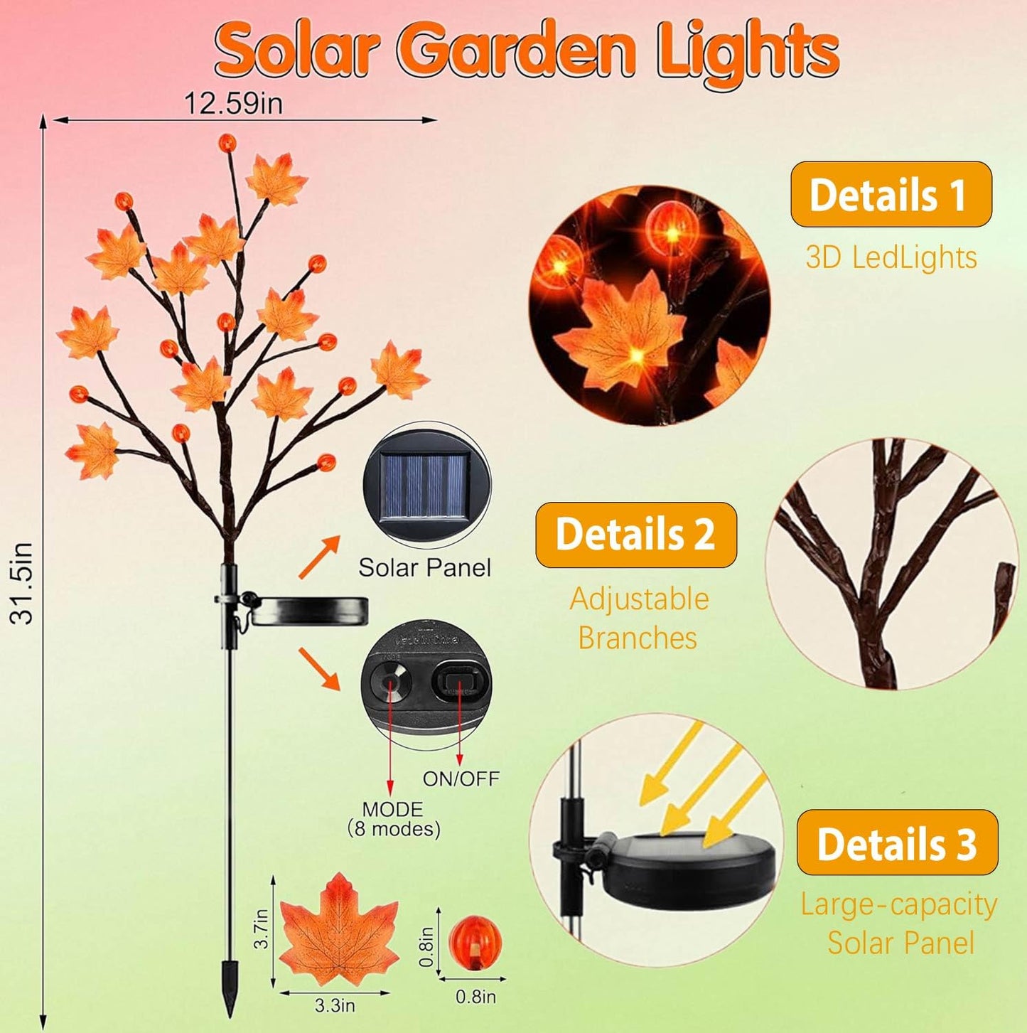 2 Pack 40LED Solar Outdoor Maple Leaf Lights for Fall Decor-3D Maple Pumpkin Thanksgiving Lights with 2 Modes | Waterproof Solar Garden Lights for Yard, Pathway, Halloween, Christmas Decorations