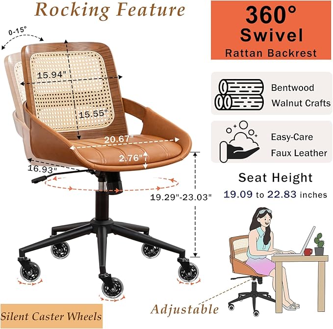 Home Office Desk Chair with Ergonomic Rattan Backrest, Walnut Crafts, Curved