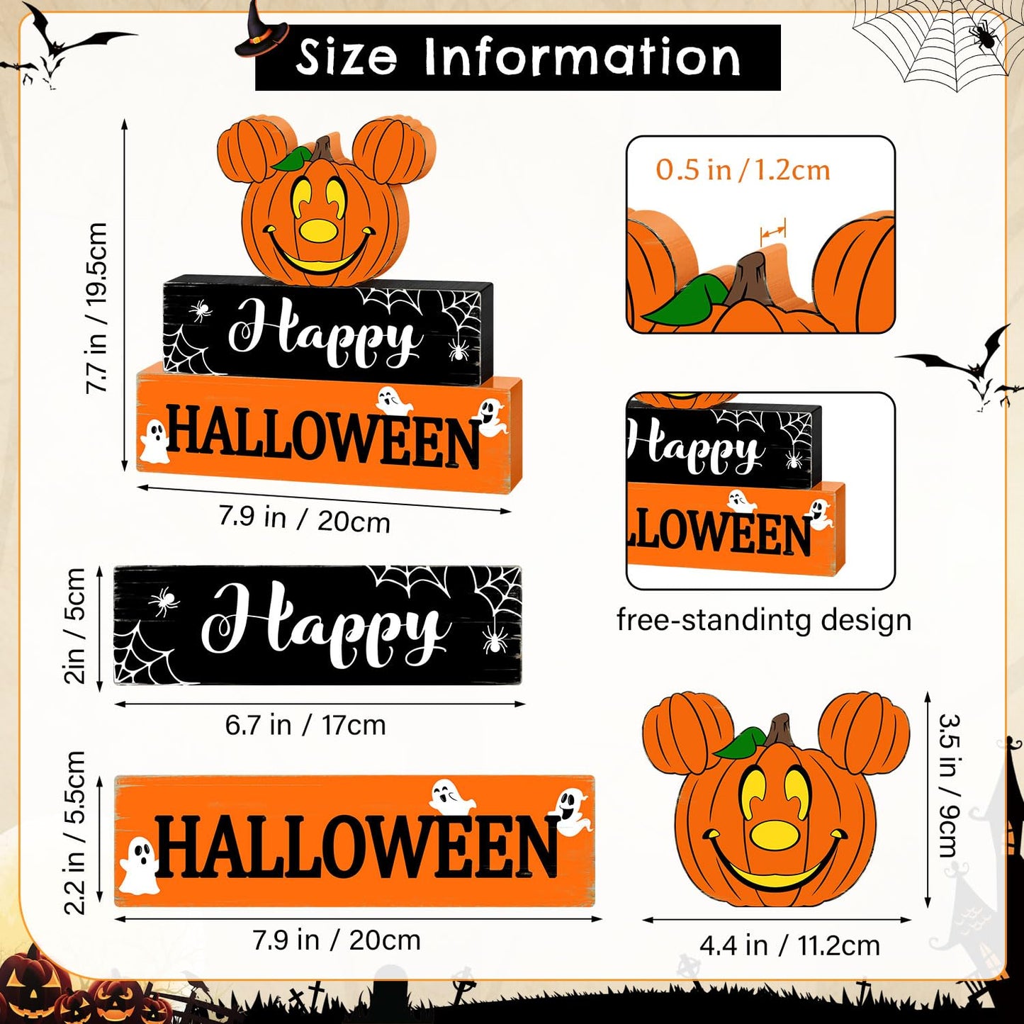 Halloween Mouse Wooden Table Signs Pumpkin Decor, 3PCS Happy Halloween Freestanding Rustic Tabletop Decorative Signs, Halloween 3-Layered Tiered Tray Blocks Centerpiece Indoor Home Decorations