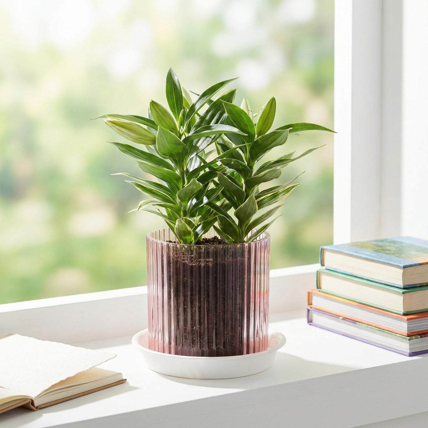 Hestremo Pink Glass Plant Pots Indoor, 5 inch Clear Orchid Pots with Drainage Holes & Trays, Small Glass Planter for Indoor Plants, Herbs, Succulent Flower Planter with Ribbed Texture, Set of 2