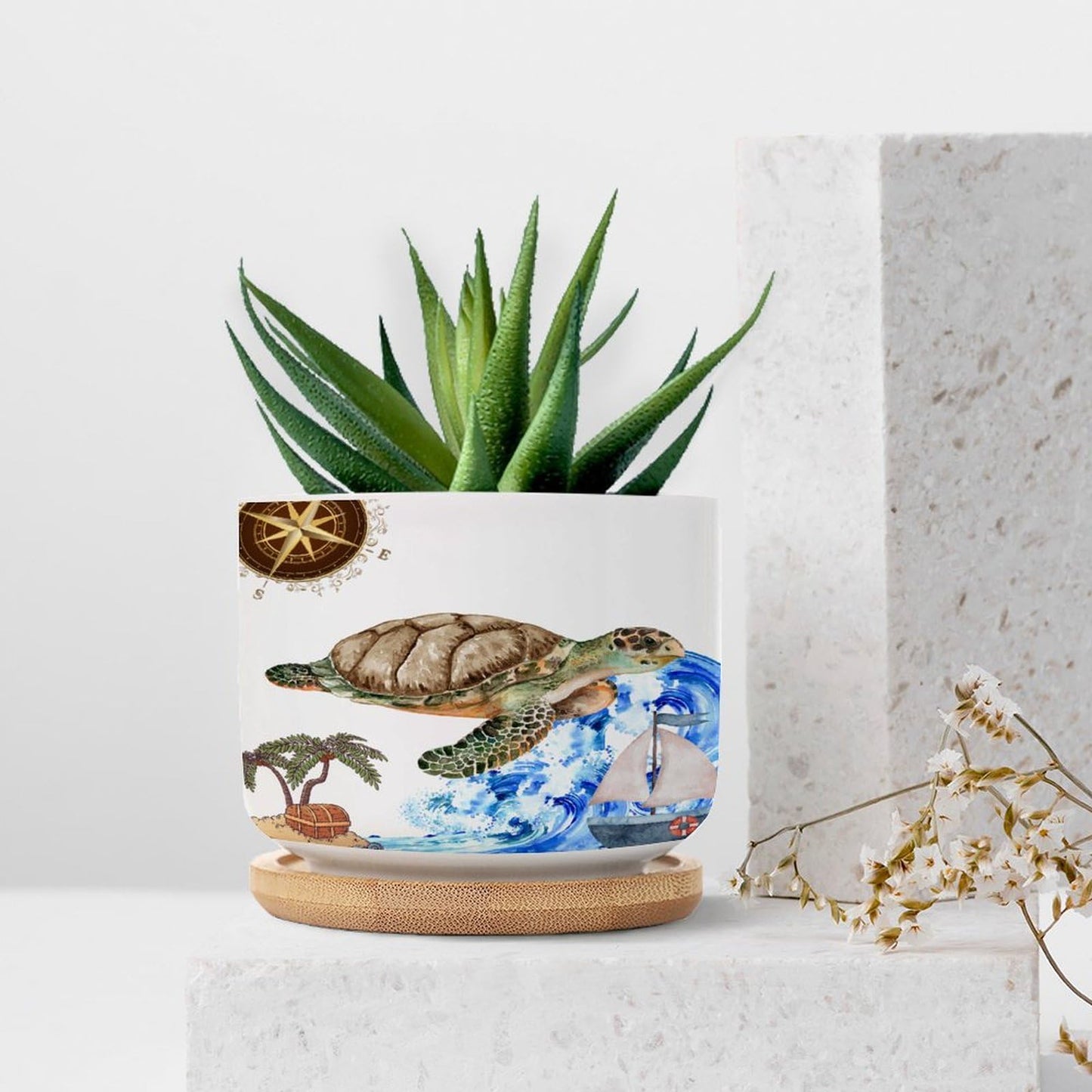 DreamAutumn Ocean Theme Sea Turtle Planter Ceramic Round Plant Pots with Drainage Holes and Bamboo Tray Planting Small Flower Pots for Home Windowsill Desk Garden Indoor Outdoor Use