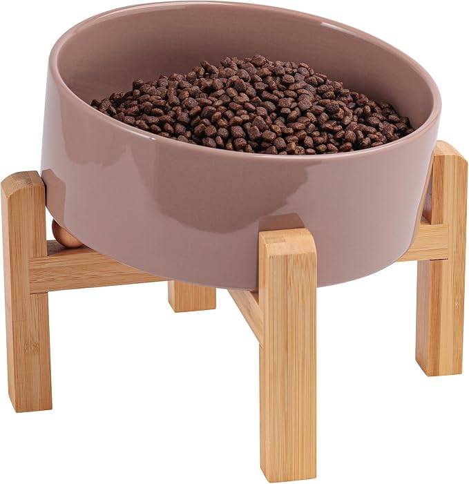 Khaki Elevated/Raised 15°Tilted Anti Slip Ceramic Dog Bowl for Medium & Large Breeds,Slanted Bulldog Big Face Pet Feeding Food Water Dish Stand for Dogs (7.6 Cups/60OZ)