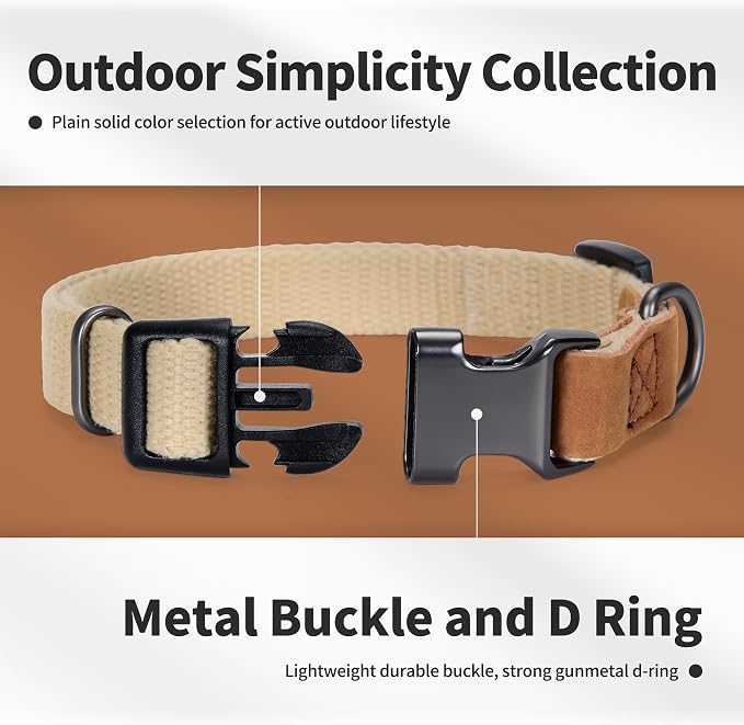 Mile High Life Genuine Leather Dog Collar, Soft Cotton Pet Collars with Heavy Metal Buckle for Small Large Dogs (Khaki, M Neck 15"-18")