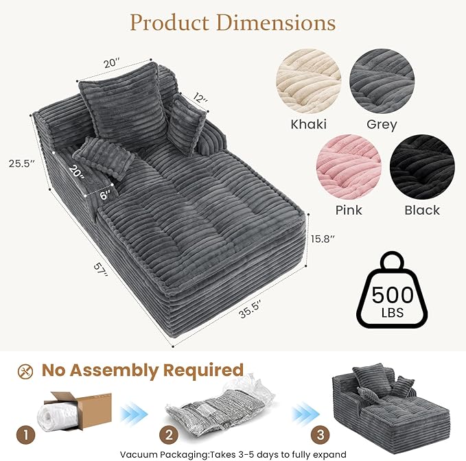 Boneless Chaise Lounge Couch Indoor, Small Corduroy Upholstered Sleeper Sofa