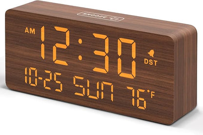 DreamSky Wooden Digital Alarm Clocks for Bedrooms with Date & Day of Week | Living Room Desk Clock, Temperature, USB Port, Dimmer Wheel, Adjustable Volume, Auto DST, Office Wood Decor (Plug-in)