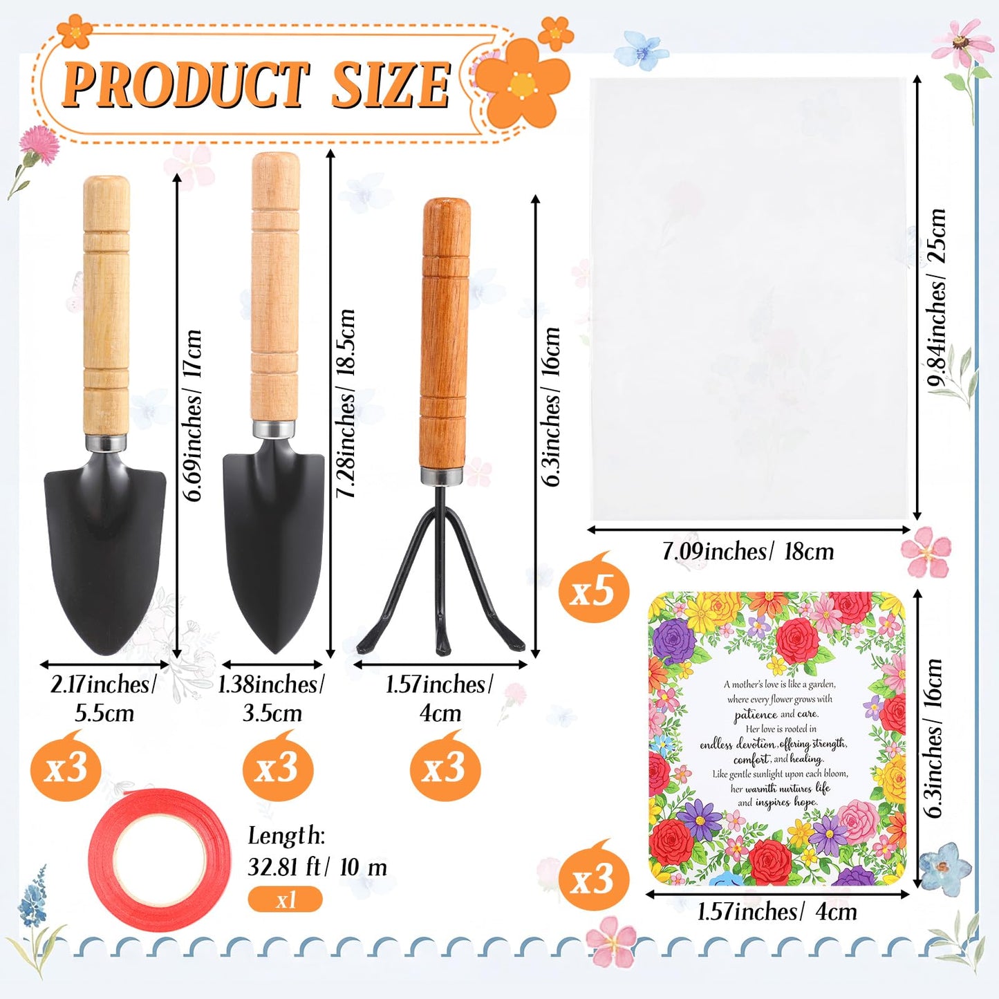 Cuffbow 3 Set Mother's Day Gardening Gifts Floral Gardening Gloves, Garden Shovel, Mini Garden Tools with Mother's Day Cards and Bags for Mom Grandma Birthday Gift (Classic)