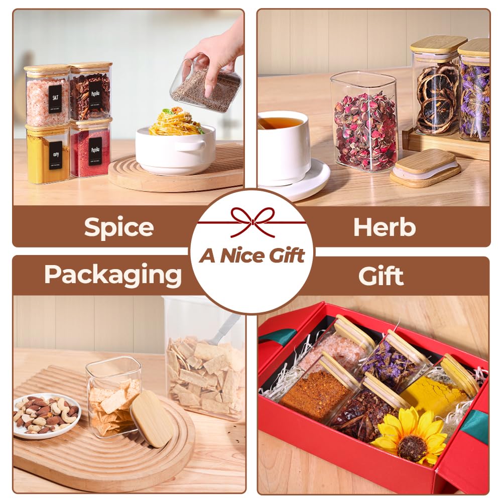 Comsaf Spice Jars with Label，8 oz Small Glass Jars with Lids, 6 Pcs Seasoning Containers, Rectangle Glass Containers with Lids, Empty Seasoning Jars for Pantry Storage, Loose Tea, Herbs, Powders, Salt