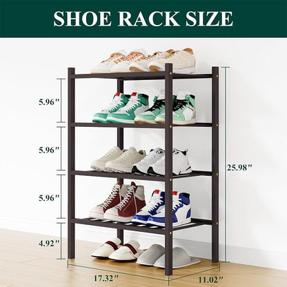 Smiry Small Bamboo Shoe Rack, 4 Tier Free Standing Wooden Shoe Organizer, Stackable Wood Shoe Storage Shelf for Closet, Entryway, 12 Vertical Slats, 2+2 Stack Standard Legs, 17.3"x11"x26", Brown