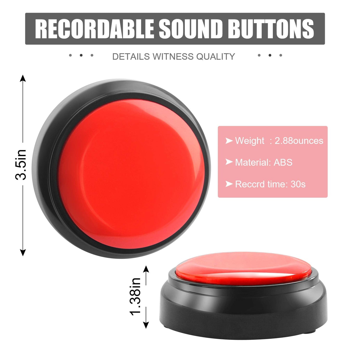 Recordable Button, Sound Button Record Talking Button Answer Buzzers Funny Buttons Record Your Own Words with 30s Voice Recording Time Also Used for Dog Pack of 2 - Black and Red (Battery Included)