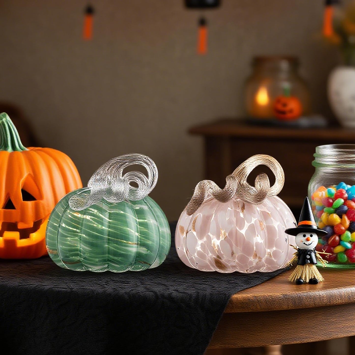 ORRFIDDY 5.1" Hand-Blown Glass Pumpkin Halloween Decor Fall Home Figurines Collectible Harvest Thanksgiving Wedding & Autumn Mantel Decorations Paperweight Tabletop Ornaments(Green)
