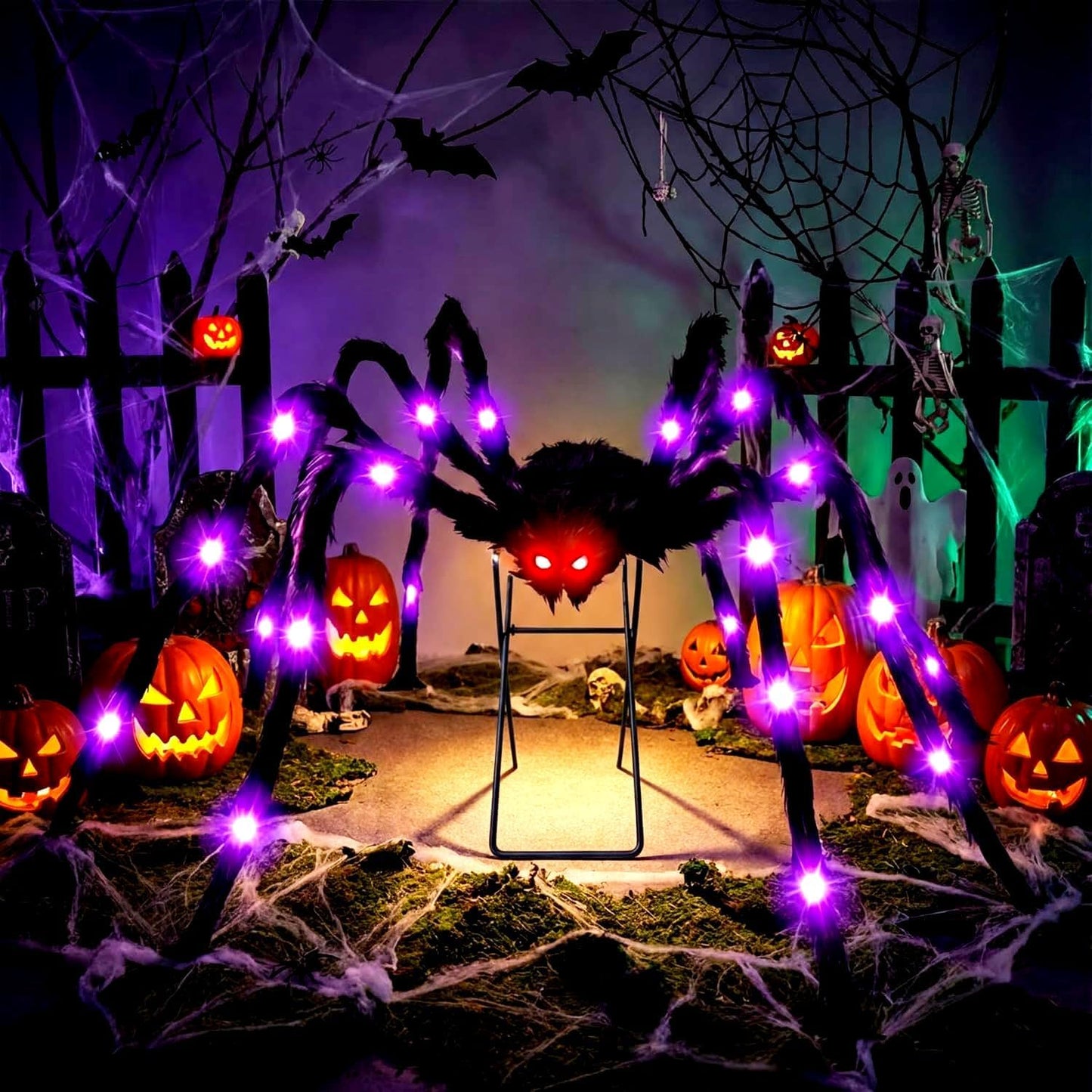 1 Pack 8 Modes 6.6 FT Halloween Giant Spider,Light up Spider with 36 Purple Lights,Light up Halloween Decorations Outside,for Yard Haunted House Window Party Porch Indoor Outside Decor