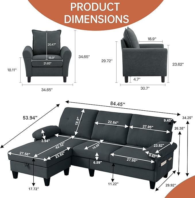 2PCS Sectional Sofa Set with Ottoman, Modern Linen 4 Seater Couch Set with Side