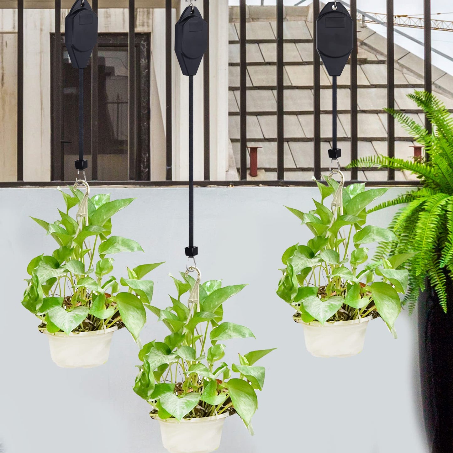 SUMERSHA 6 Pack Plant Pulley Hanger Retractable Plant Hanging Basket Hooks Adjustable Rope Heavy Duty Plant Hanging Pulleys for Garden Baskets Pots, Black