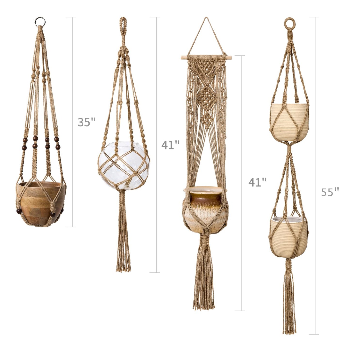 Mkono Macrame Plant Hangers Set of 4 Indoor Hanging Planter Basket Wall Decorative Flower Pot Holder with 4 Hooks for Indoor Outdoor Home Decor Gift Box, Brown