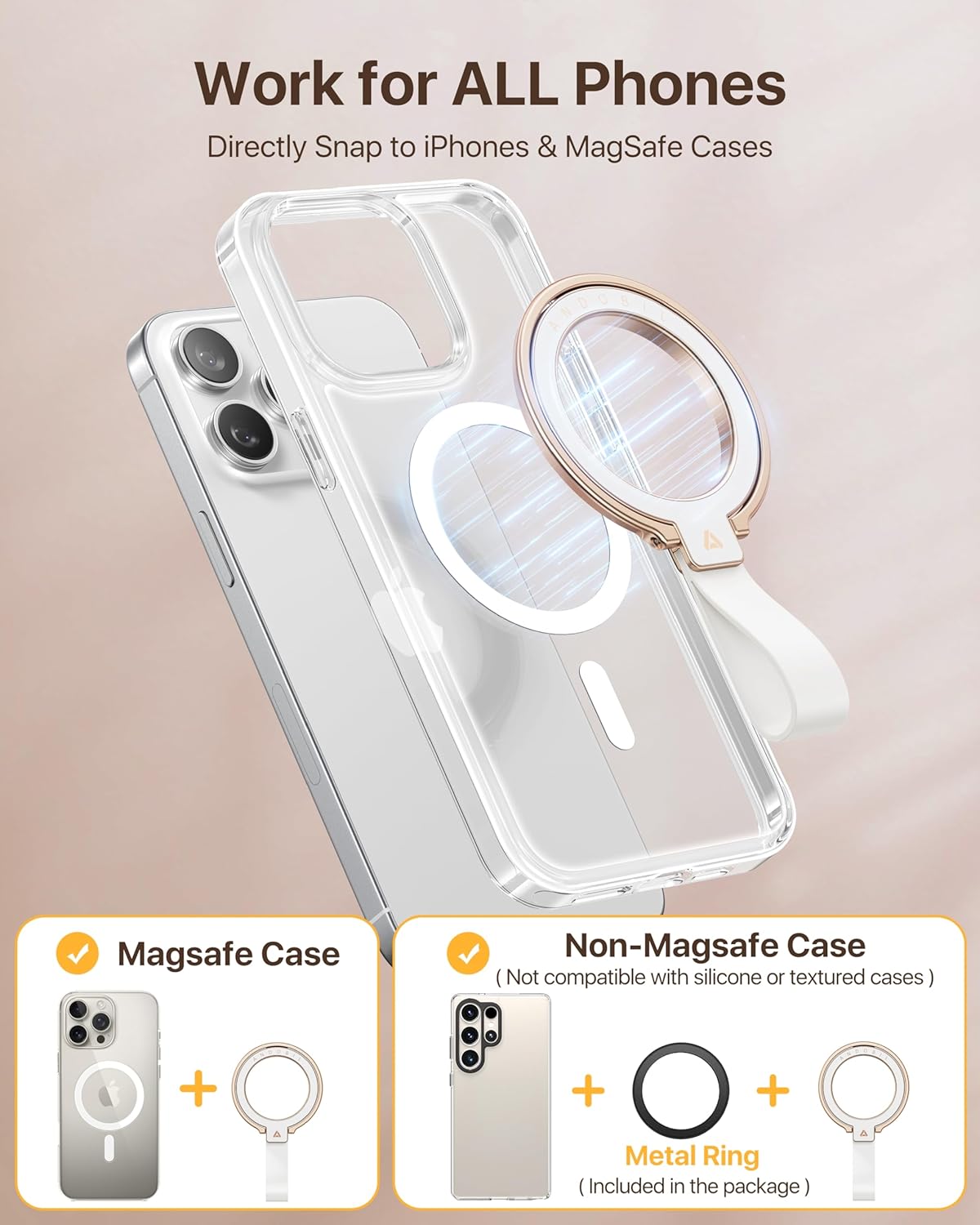 andobil [2025 Unrivaled Stability] Magnetic Phone Grip Holder for MagSafe Ring Stand Holder Kickstand Compatible with MagSafe Accessories for iPhone 17 Air 16 Pro Max Plus 15/14/13/12&Android,Rosegold
