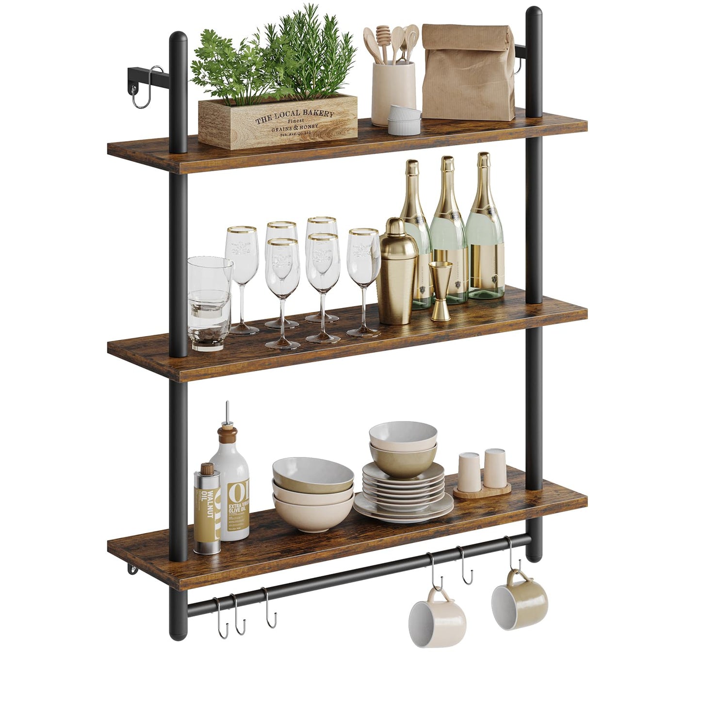 Bestier 3 Tier Industrial Pipe Shelving, Floating Book Shelves for Wall, Storage Hanging Shelves with Towel Bar for Bathroom Organizer Bedroom Kitchen Plants Office. 31.5 Inch Rustic Brown