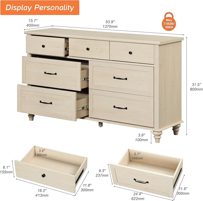 WAMPAT Beige 7 Drawers Dresser for Bedroom, Wide Chest of Drawers Kids Dresser