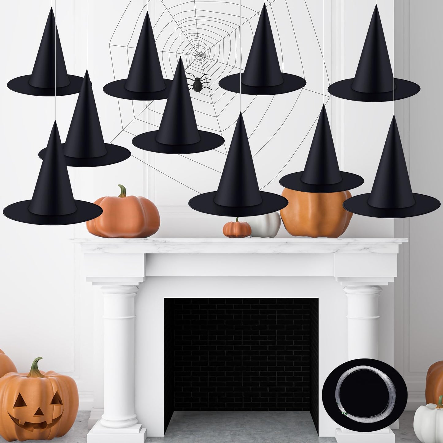 Gejoy 10 Pieces Halloween Decorations Witch Hat Hanging Witch Hat with 246 Feet Hanging Rope Accessory for Halloween Party Multi
