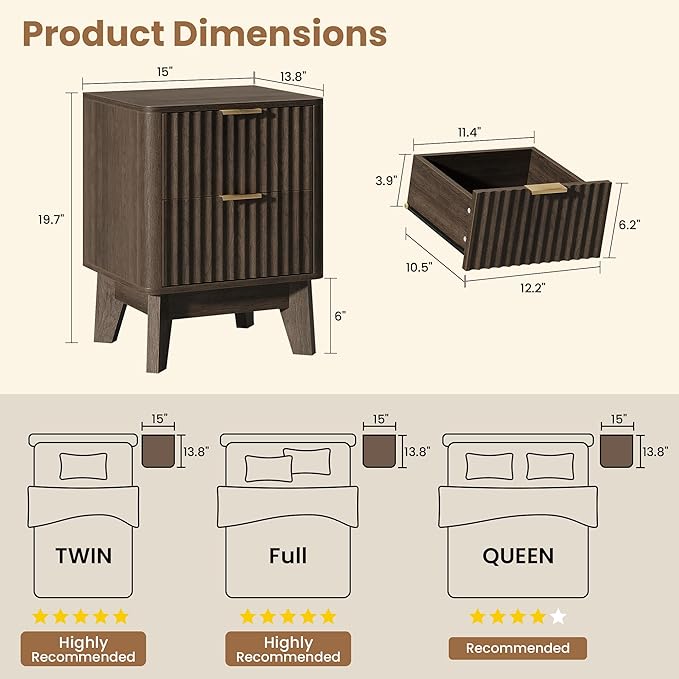 Fluted Nightstand Set of 2, Modern End Table