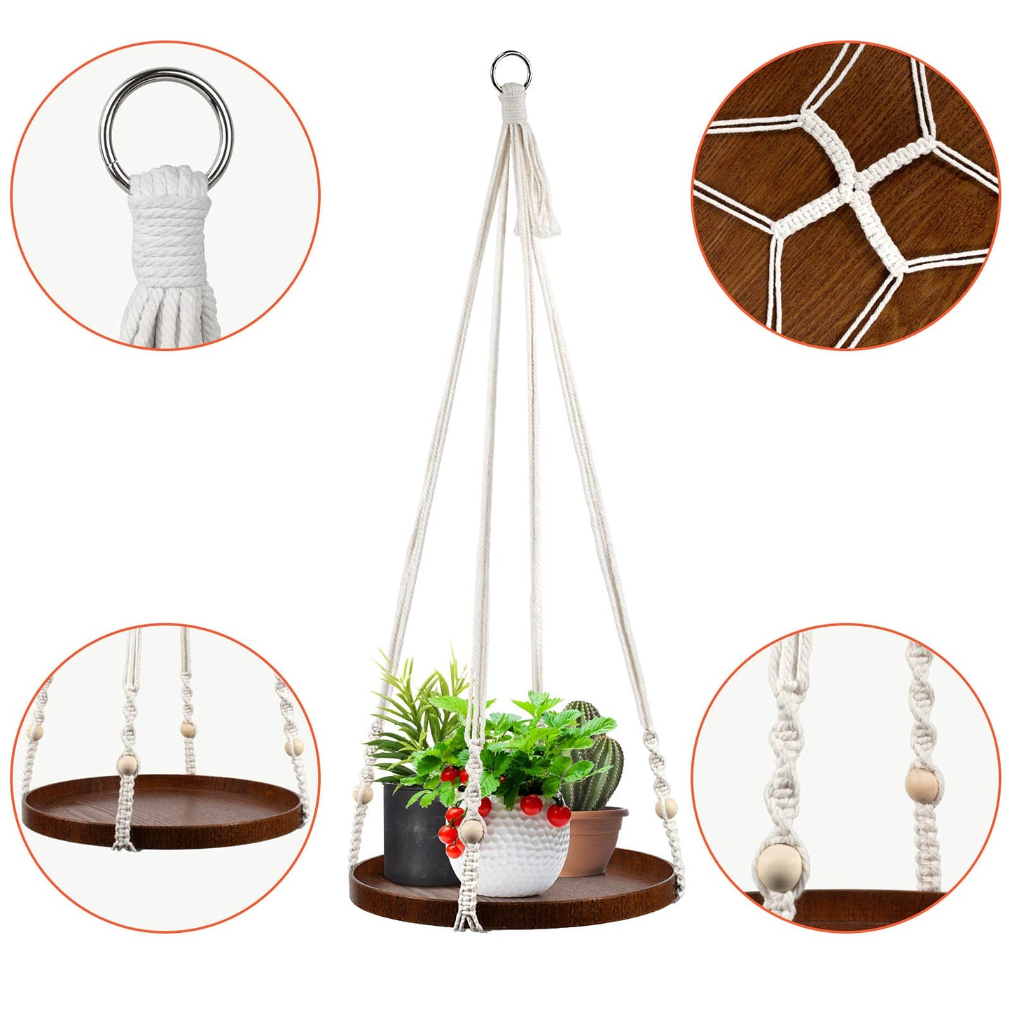 E-Know Macrame Plant Hanger - 2 Set Indoor Hanging Planter Shelf - Hanging Planter Rack Decorative Flower Pot Holder - Handmade Cotton Plant Hangers with Wood Tray Boho Home Decor