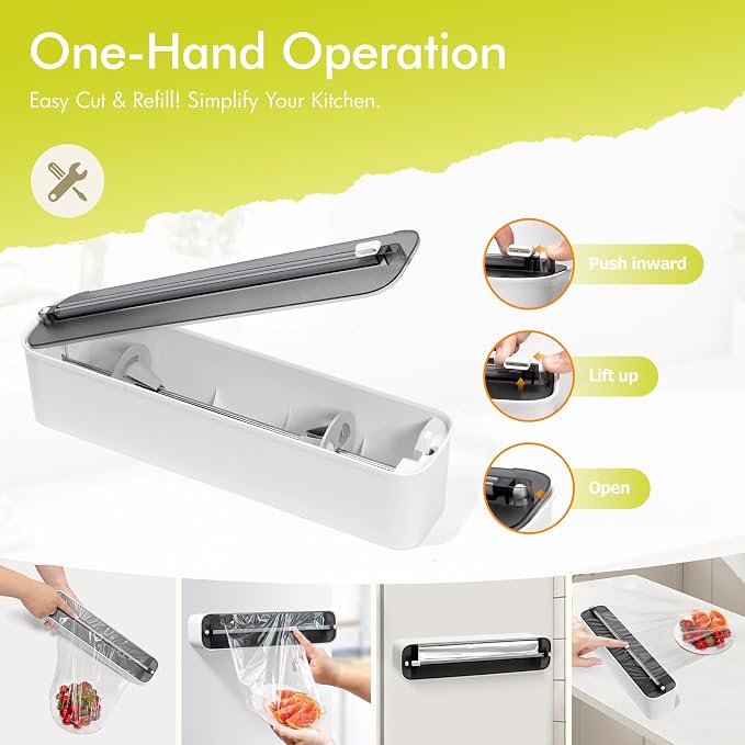 Aluminum Foil & Plastic Wrap Dispenser with Cutter - Magnetic & No-Drill Wall Mount, Cling Film Dispenser for Countertops & Cabinets, Space-Saving Kitchen Organizer - Fits 300 m Rolls, Black