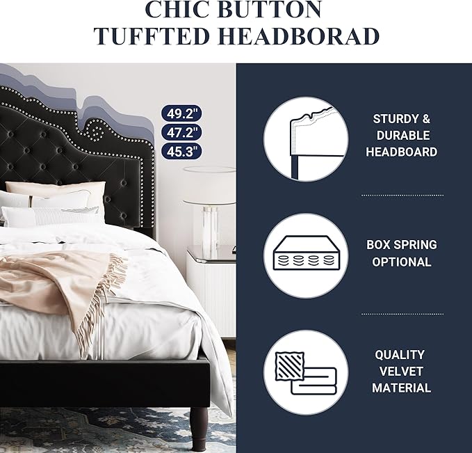 Allewie King Bed Frame with Adjustable Velvet Tiara Headboard, Upholstered