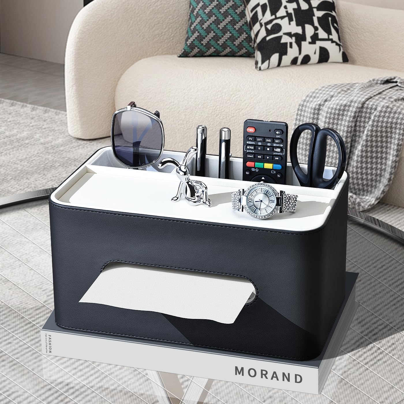 PU Leather Tissue Box Cover Rectangular with Storage Organizer Tray, Multifunctional Remote Control Holder, Desk Organizer for Living Room, Bedroom, Office, Decorative Tissue Holder Black