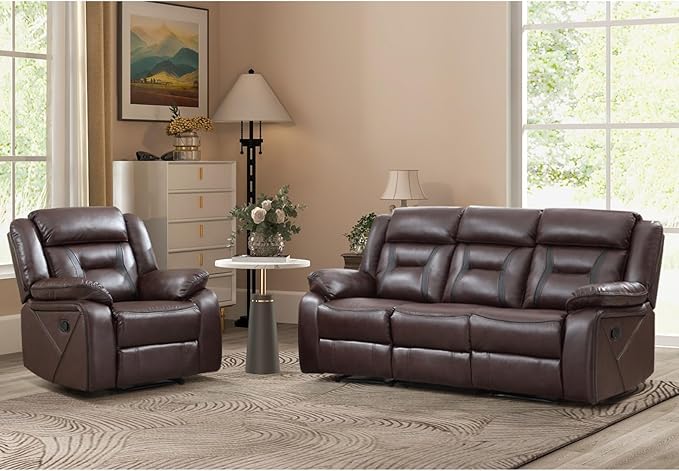 EBELLO Manual Recliner Sofa Set, Faux Leather Reclining Living Room Furniture