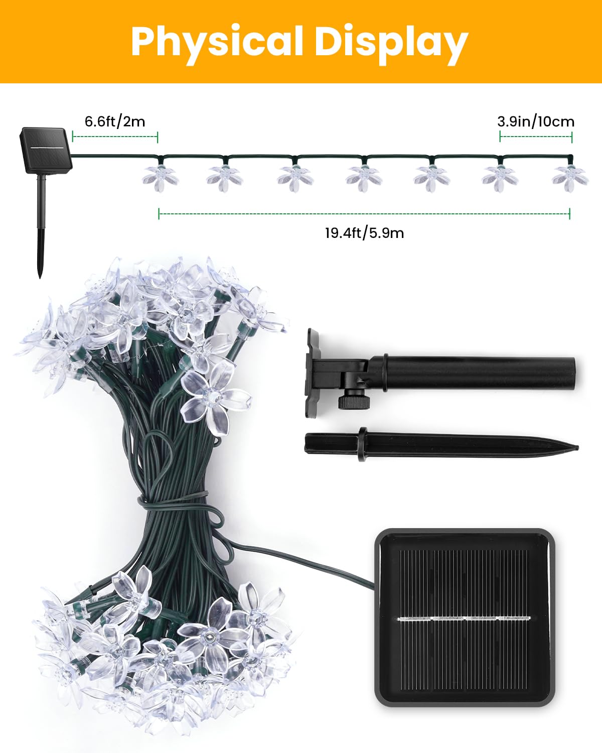 Brightown 60 LED Solar Flower String Lights Outdoor Waterproof Fairy Lights for Garden Yard Fence Patio Christmas Tree Wedding Party Decor, Pure White