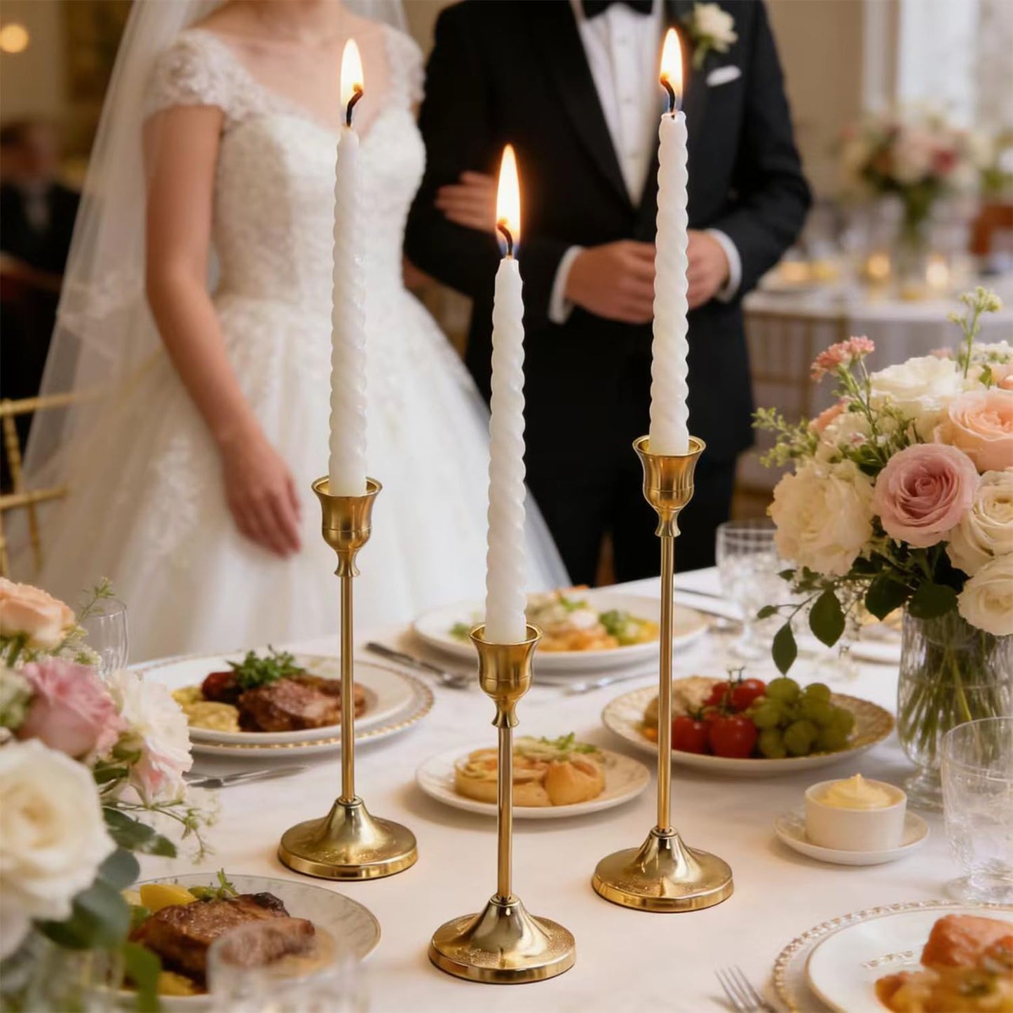3 Sets(9 Pcs) Gold Candlestick Holders - Brushed Metal Taper Candle Holders with Anti-Slip Base, Vintage Brass Candle Stick Holder for Wedding Centerpieces, Dining Table, Fireplace & Mantel Dec